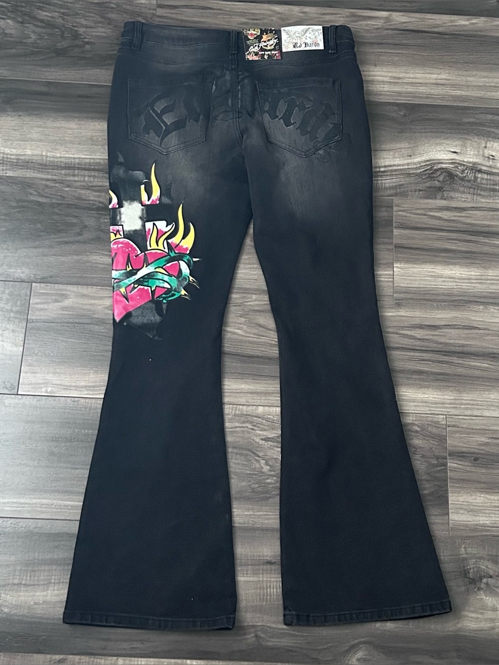 Ed Hardy Low Rise Boot Flare Jeans Women's Large Thorn Heart 32" inseam New